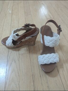Michael Kors Cream Braided-Strap Cork Wedge Sandals with Tan straps 5.5